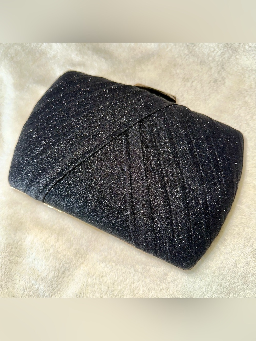 Miztique Black Glitter Clutch Evening Bag Gold Chain Crossbody Pleated Purse